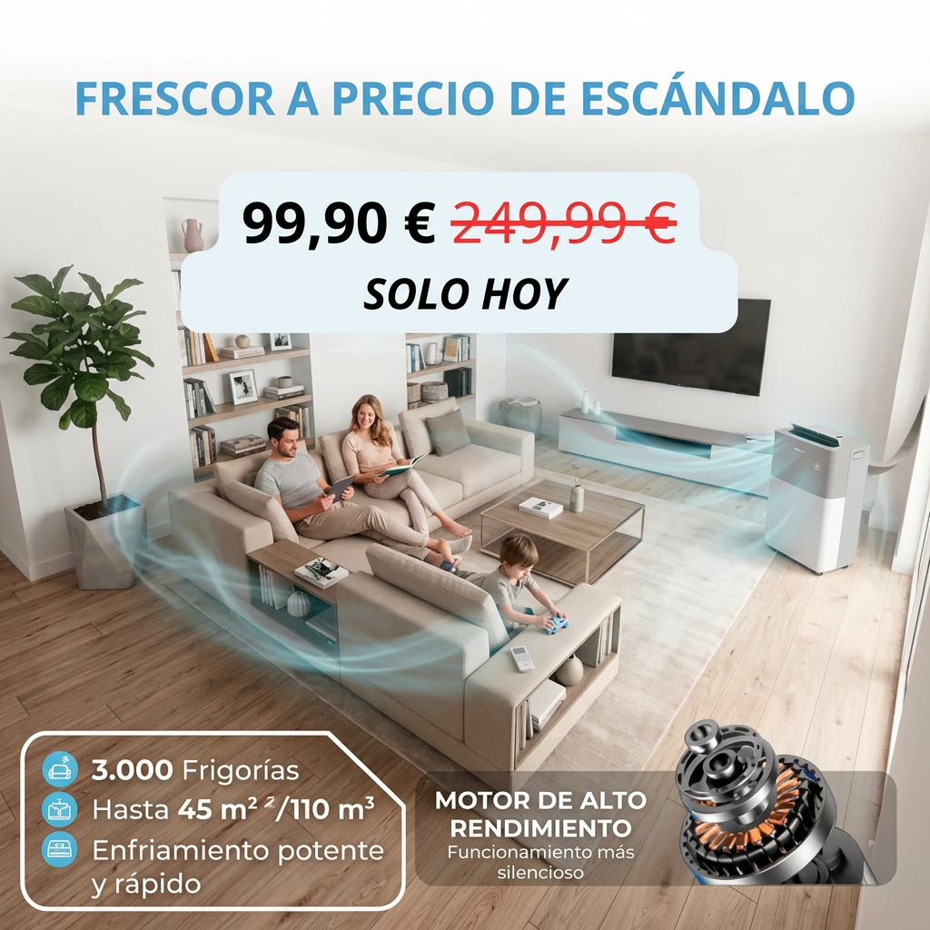Midea PortaSplit funcionando en un salón, con la unidad exterior apoyada en la terraza
